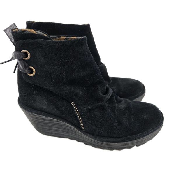 Fly London Suede Boots Yama Tie Back Wedge Ankle Boot Black Women's Sz 39 US 8.5 - Picture 1 of 13